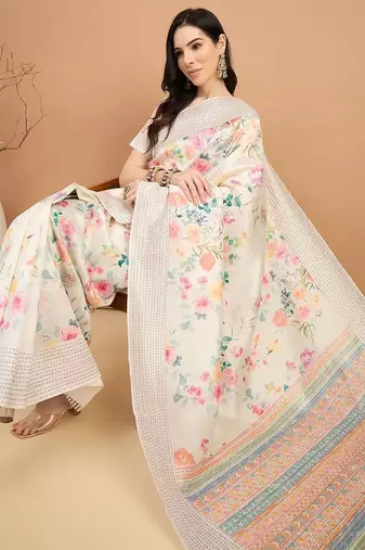 off_white floral kantha work silk cotton tussar saree
