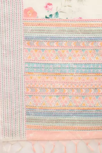 off_white floral kantha work silk cotton tussar saree