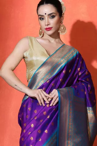 purple woven design zari banarasi saree