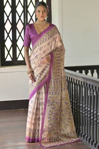 purple madhubani print tassel tussar saree