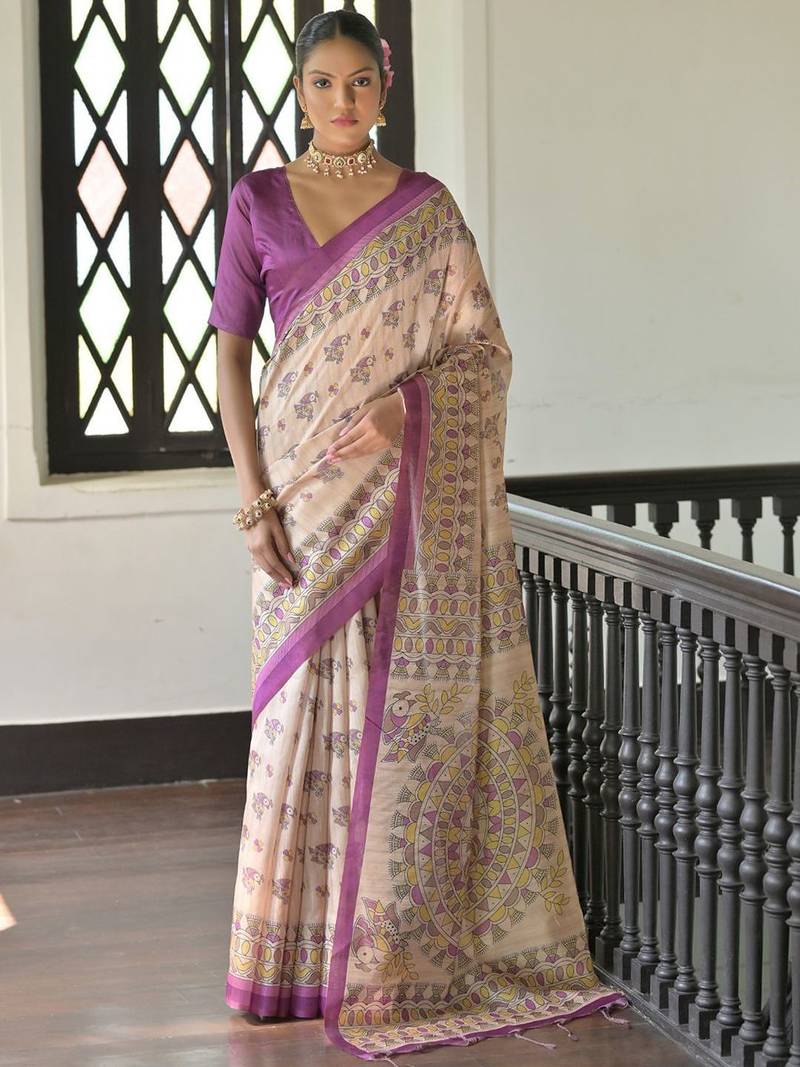purple madhubani print tassel tussar saree