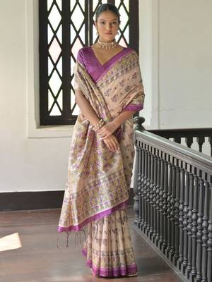 purple madhubani print tassel tussar saree 2