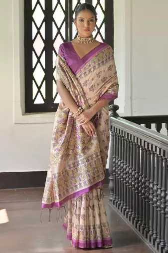 purple madhubani print tassel tussar saree