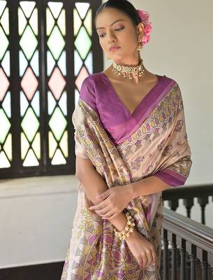 purple madhubani print tassel tussar saree 3