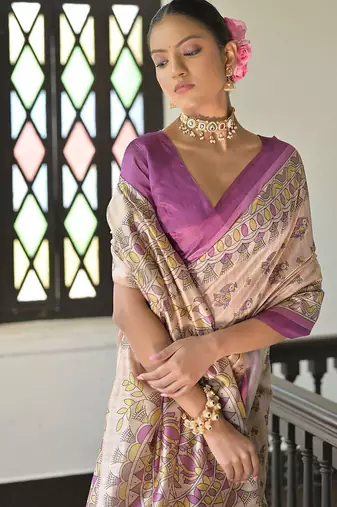 purple madhubani print tassel tussar saree