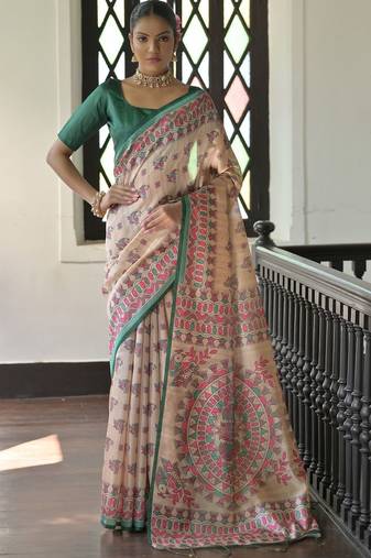 green madhubani printed tassel tussar saree