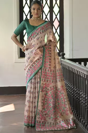 green madhubani printed tassel tussar saree