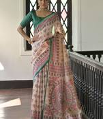 green madhubani printed tassel tussar saree
