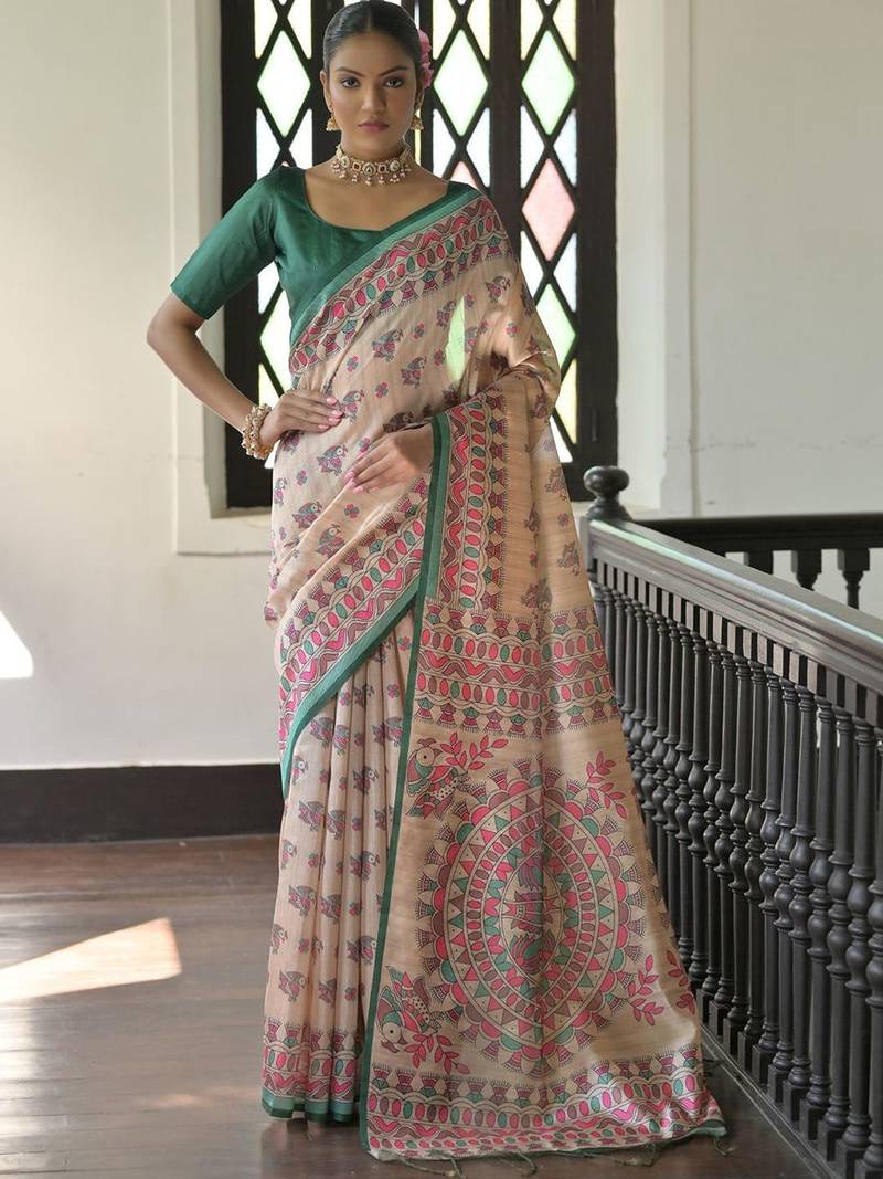 green madhubani printed tassel tussar saree