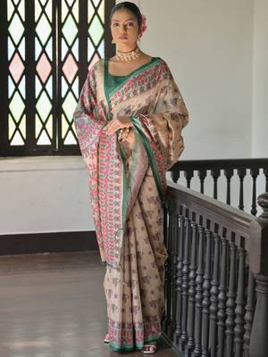 green madhubani printed tassel tussar saree 2