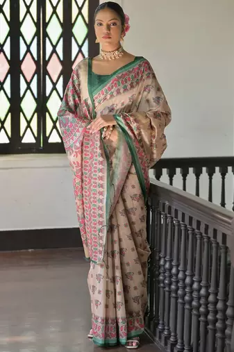 green madhubani printed tassel tussar saree