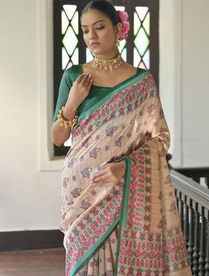 green madhubani printed tassel tussar saree 3