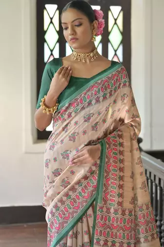 green madhubani printed tassel tussar saree