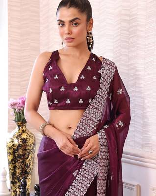 burgundy floral embroidered sequined pure chiffon saree 1