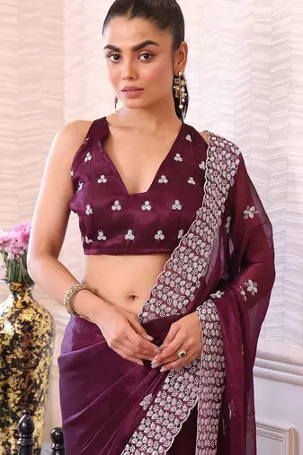 burgundy floral embroidered sequined pure chiffon saree