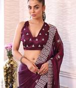 burgundy floral embroidered sequined pure chiffon saree