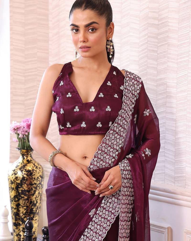 burgundy floral embroidered sequined pure chiffon saree