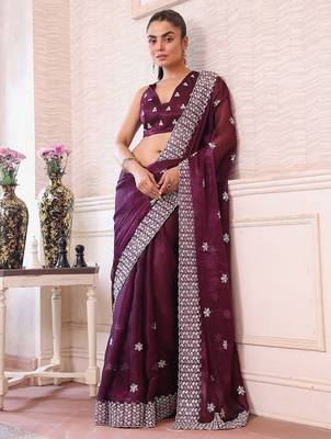 burgundy floral embroidered sequined pure chiffon saree 2