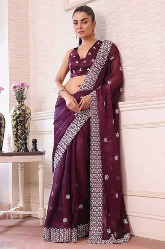burgundy floral embroidered sequined pure chiffon saree