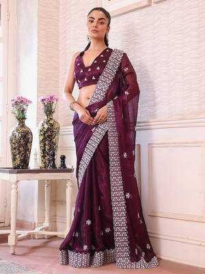 burgundy floral embroidered sequined pure chiffon saree 3