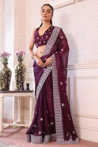 burgundy floral embroidered sequined pure chiffon saree