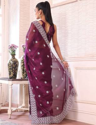 burgundy floral embroidered sequined pure chiffon saree 4