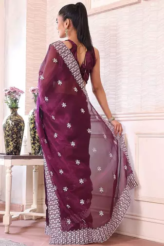 burgundy floral embroidered sequined pure chiffon saree