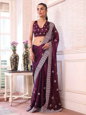burgundy floral embroidered sequined pure chiffon saree 5