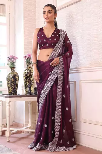 burgundy floral embroidered sequined pure chiffon saree