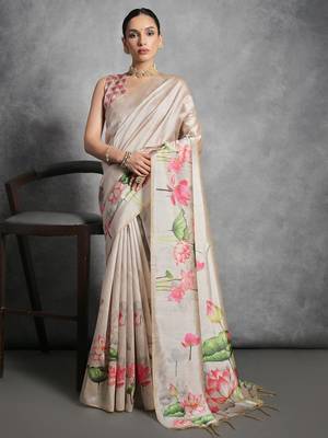 cream tussar floral print saree 1