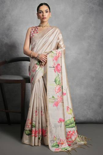 cream tussar floral print saree
