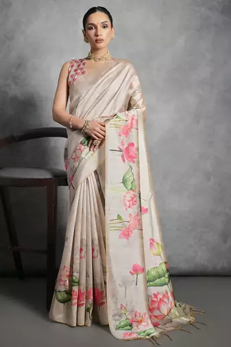 cream tussar floral print saree