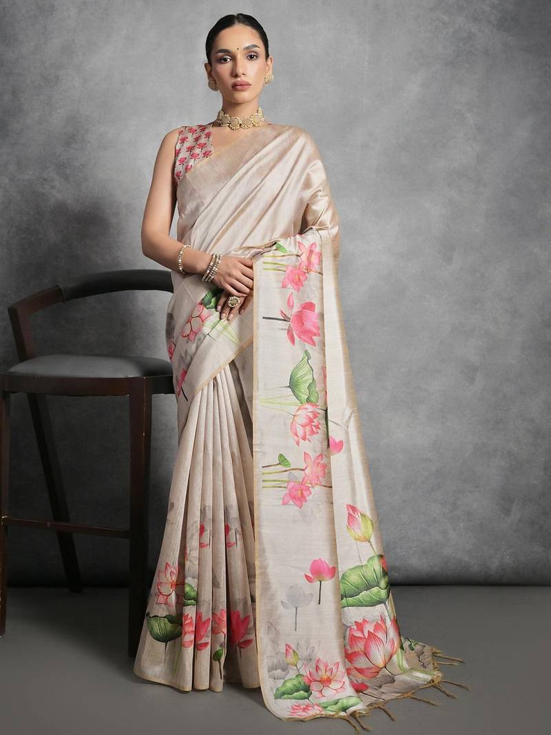 cream tussar floral print saree