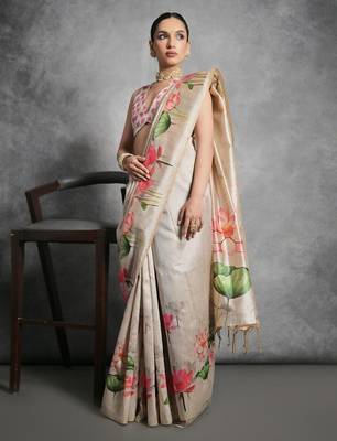 cream tussar floral print saree 2