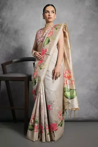 cream tussar floral print saree