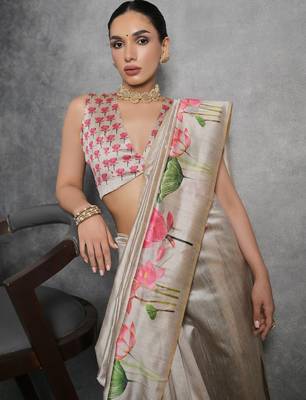 cream tussar floral print saree 3