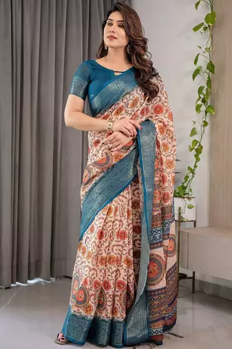 red floral printed pure cotton saree