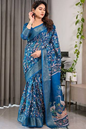 blue floral pure cotton designer saree