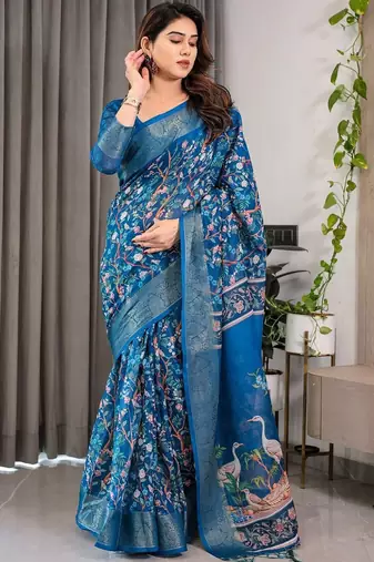 blue floral pure cotton designer saree