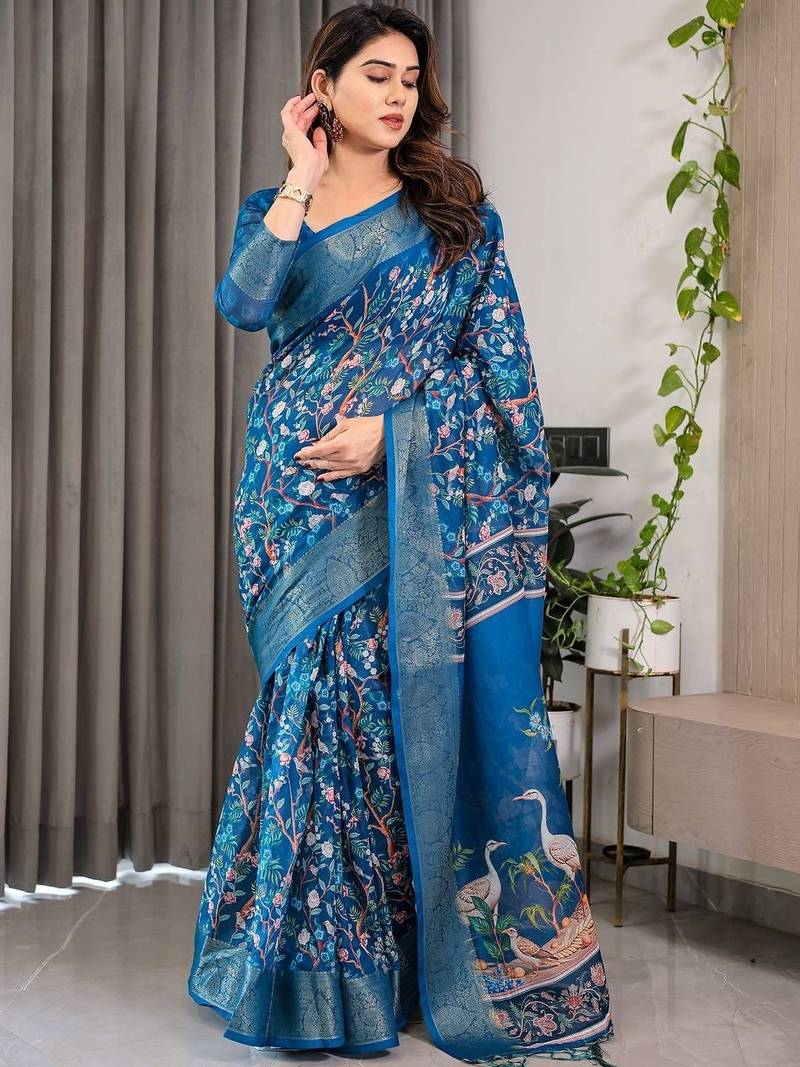 blue floral pure cotton designer saree
