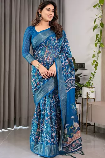 blue floral pure cotton designer saree