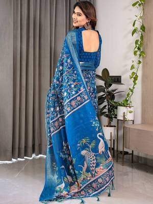 blue floral pure cotton designer saree 3