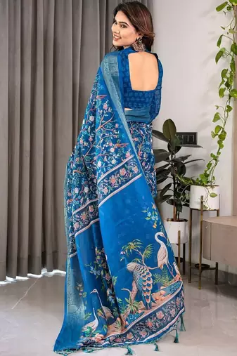 blue floral pure cotton designer saree