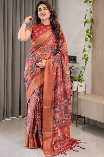 red floral zari pure cotton heavy work saree