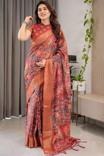 red floral zari pure cotton heavy work saree