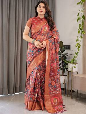 red floral zari pure cotton heavy work saree 2