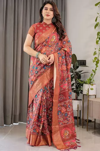 red floral zari pure cotton heavy work saree