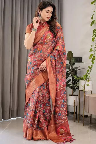 red floral zari pure cotton heavy work saree