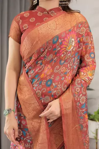 red floral zari pure cotton heavy work saree