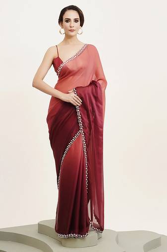 peach ombre dyed beads and stones satin saree